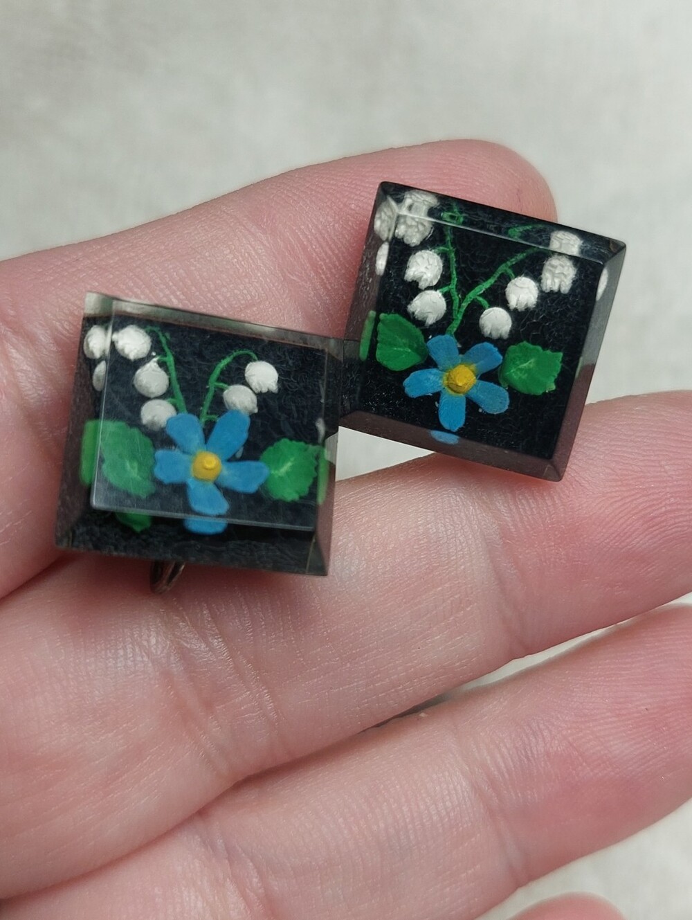 Hand-Painted Floral Square Clip Resin Earrings - Blue & Green on Black